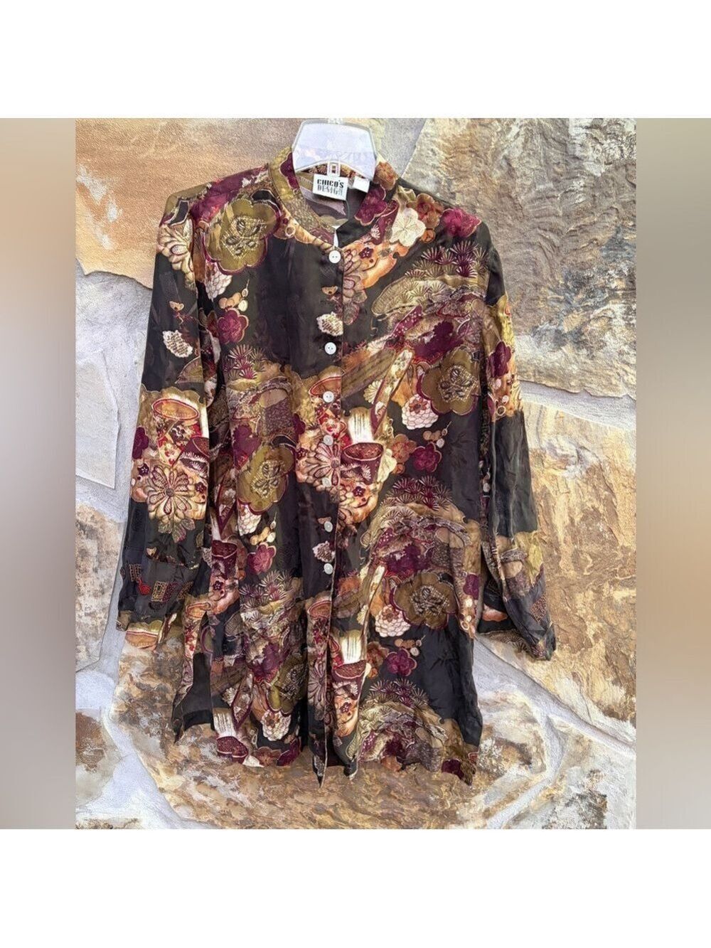 Vintage 90s Chico’s Design 100% Silk Tunic Length Blouse Top Fall Floral Beading
